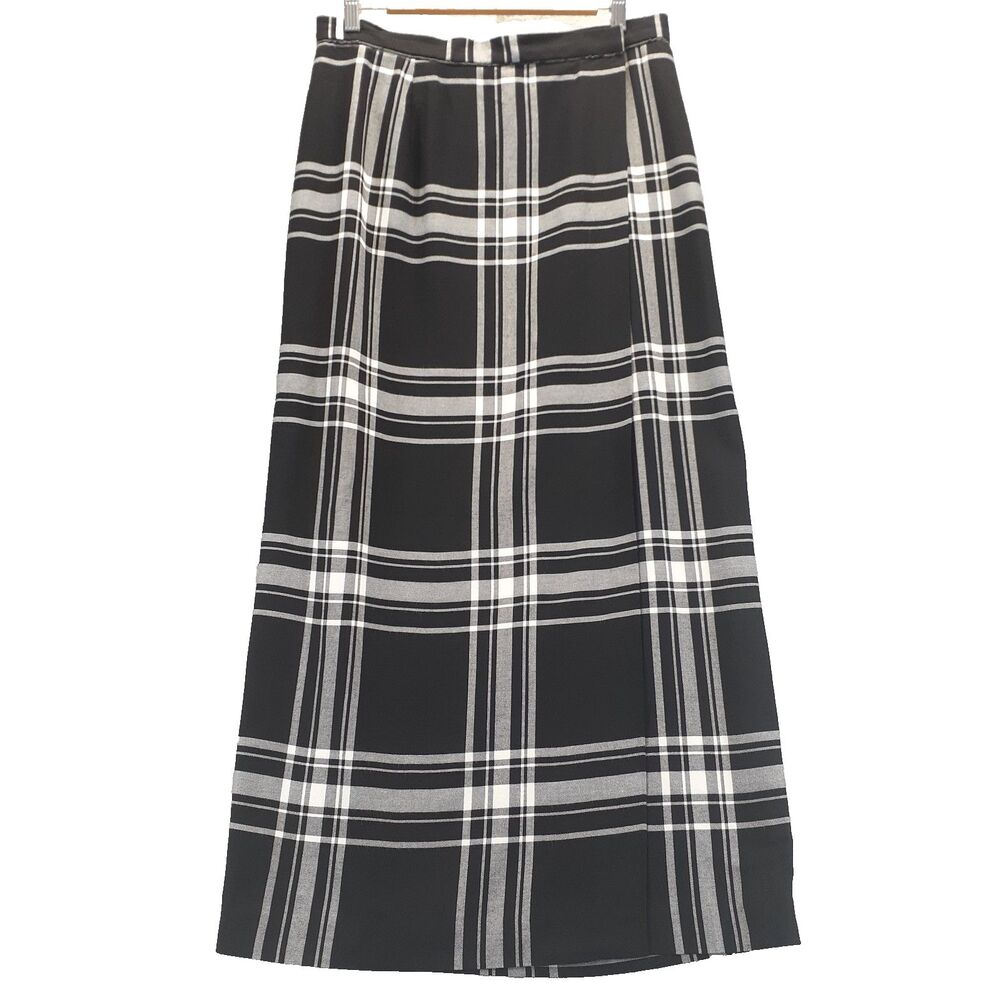 Liz Claiborne Lizsport Womens Sz 12 Black White Plaid Midi Wrap Skirt Academia